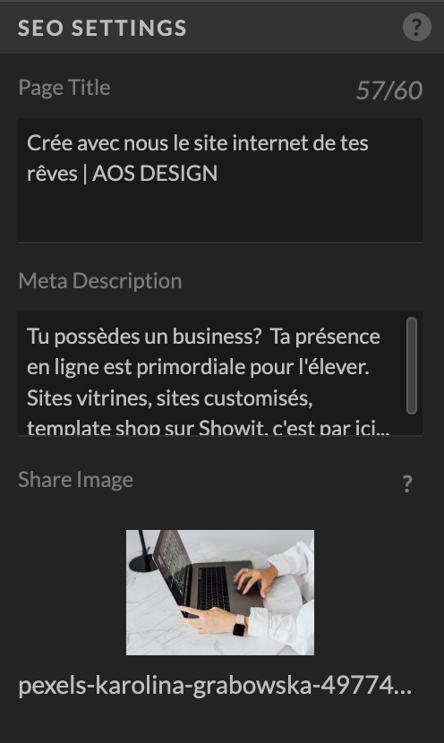 Réglages des SEO Settings d'une page Showit, cela sert à travailler le SEO de ton site internet.